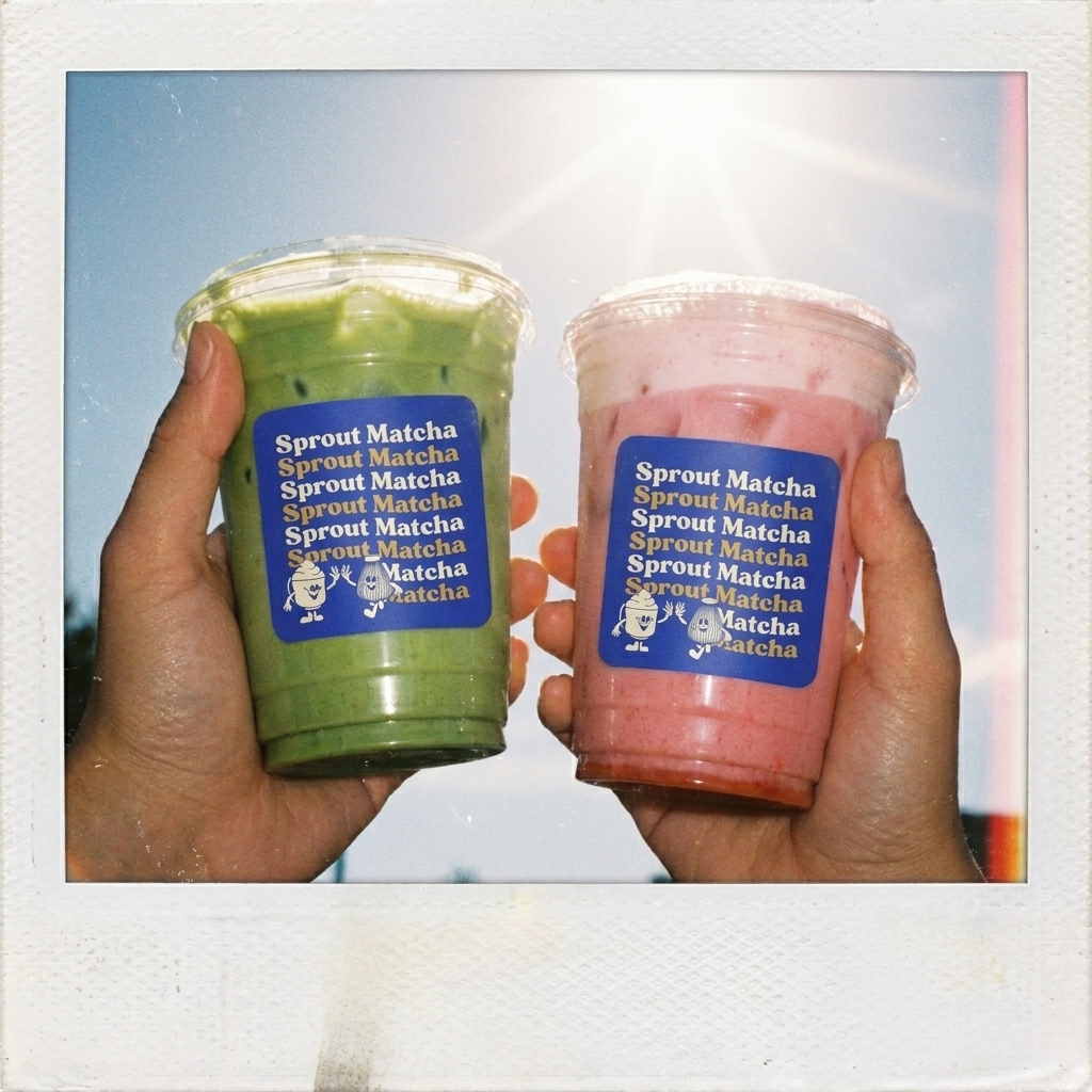 Two Sprout Matcha drinks held up to a sunny sky