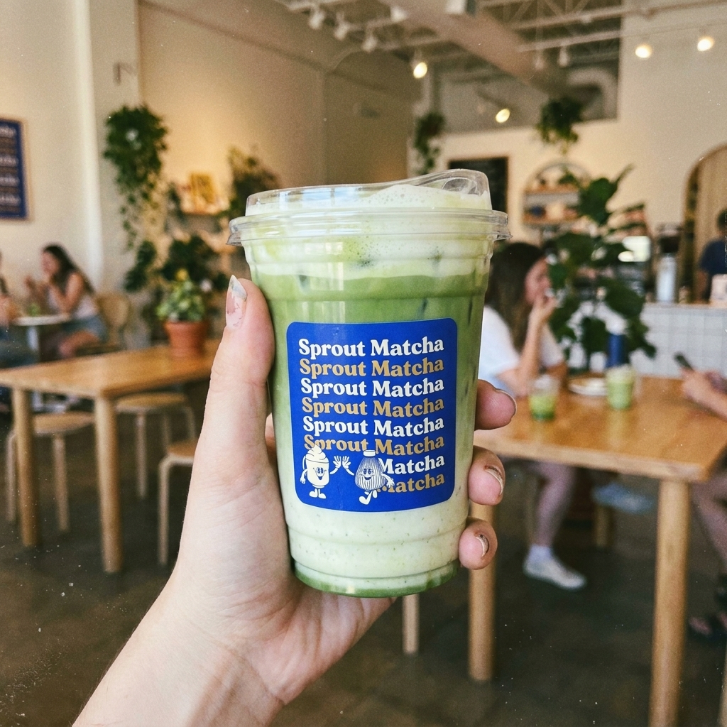 Iced Sprout Matcha held in a cafe