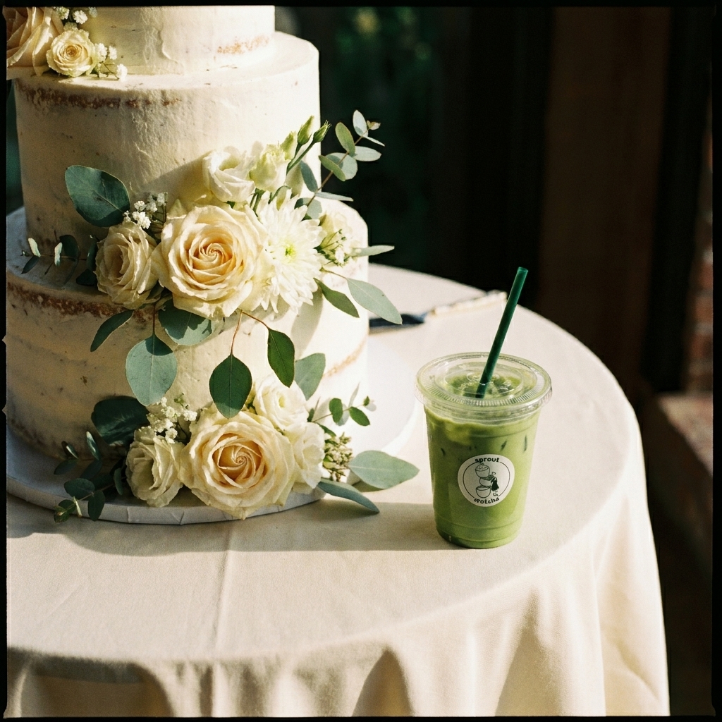 Sprout Matcha iced matcha beside a wedding cake