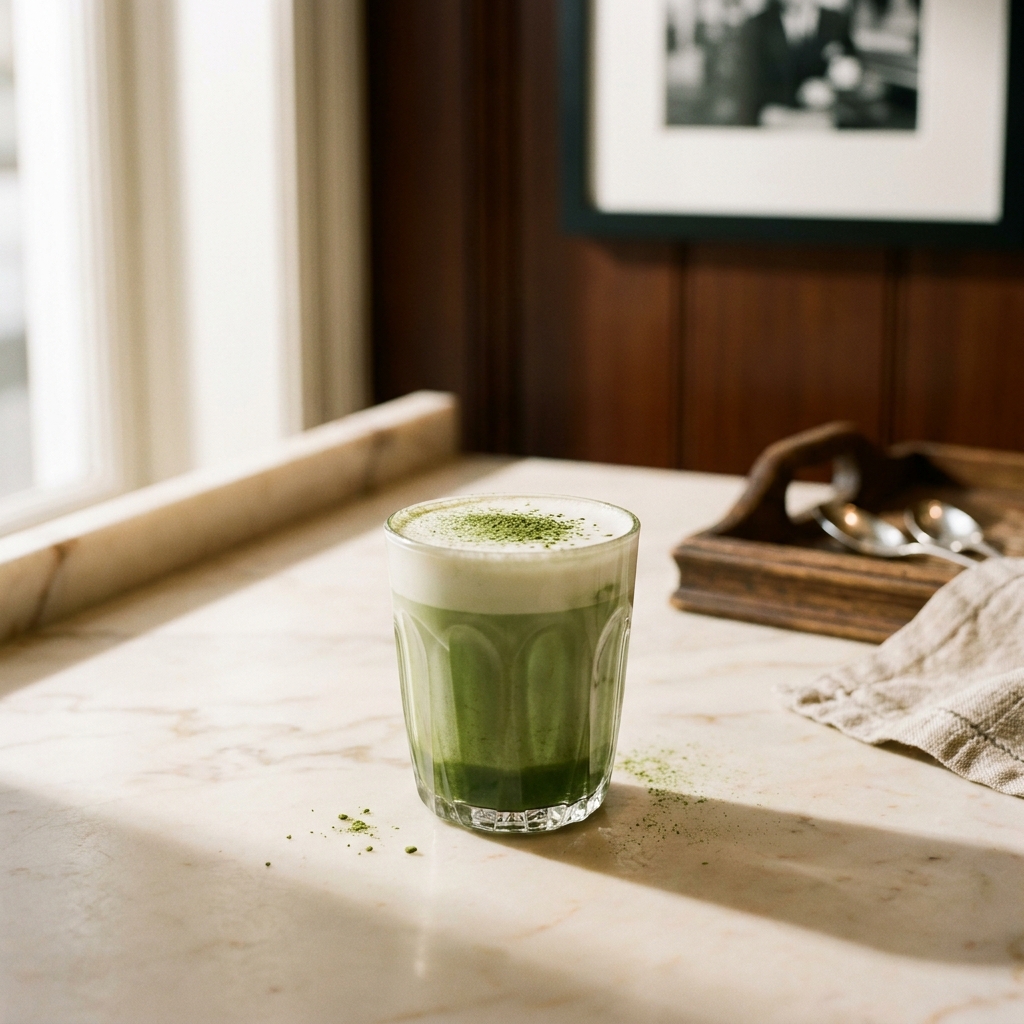An iced Sprout Matcha latte on marble