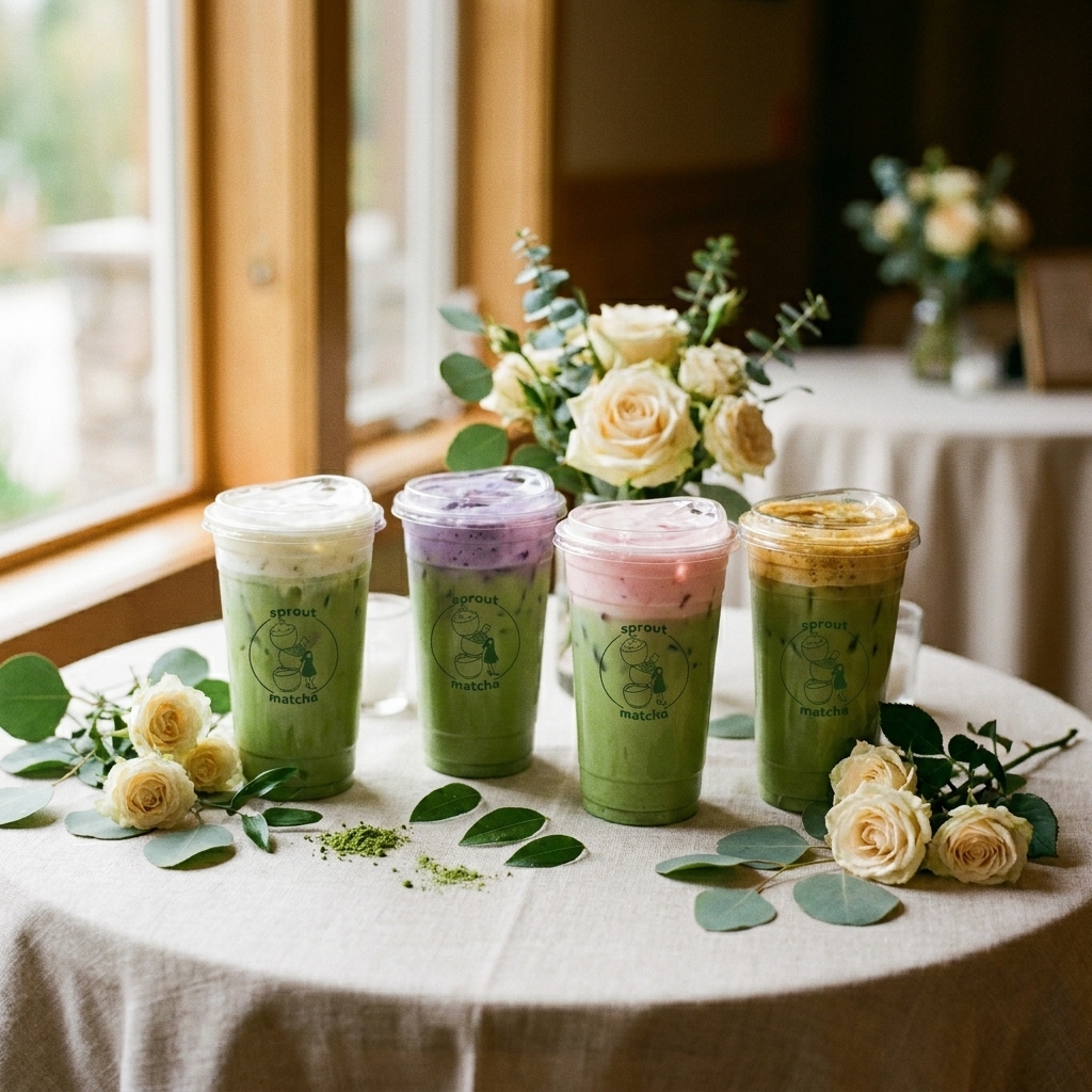 Four iced matcha drinks with vanilla, ube, strawberry and brown sugar cold foam in branded cups