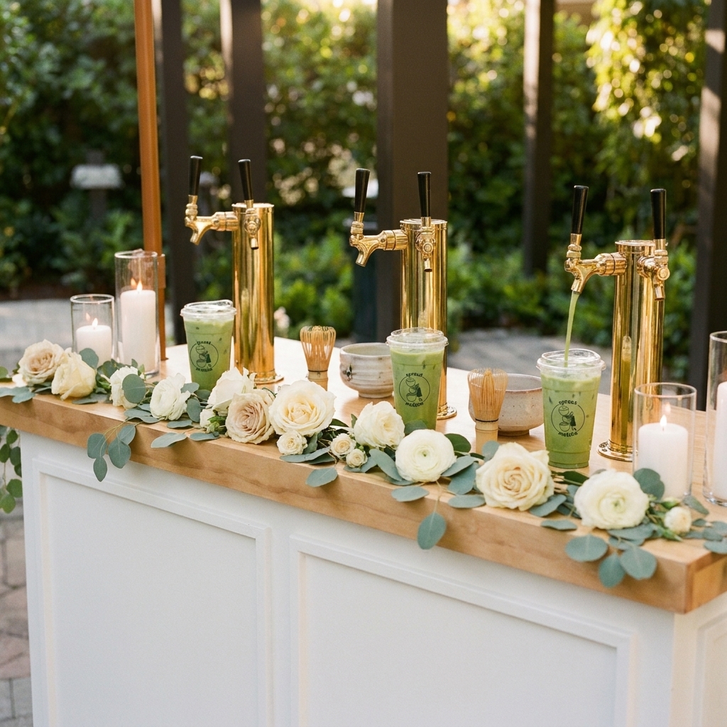Sprout Matcha cart styled with florals for a wedding