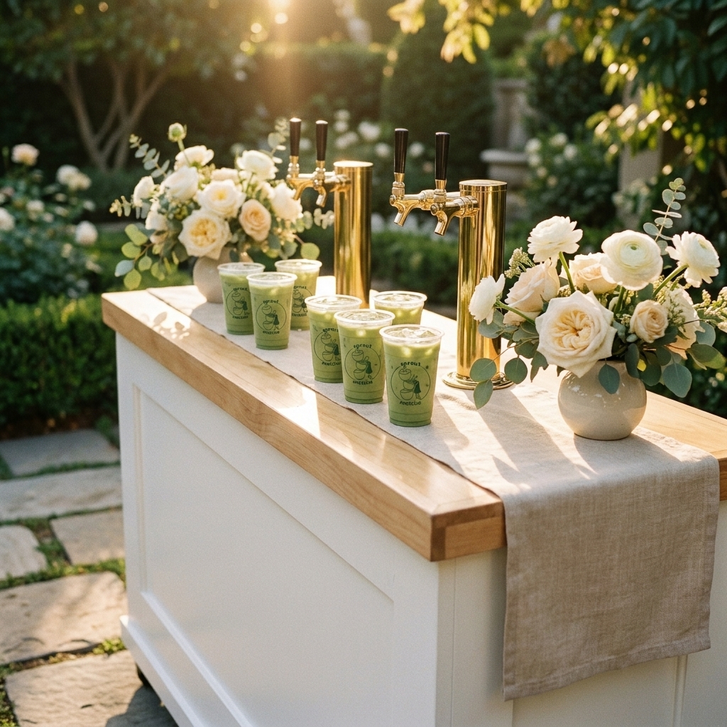 Sprout Matcha gold-tap cart serving iced matcha at a garden wedding