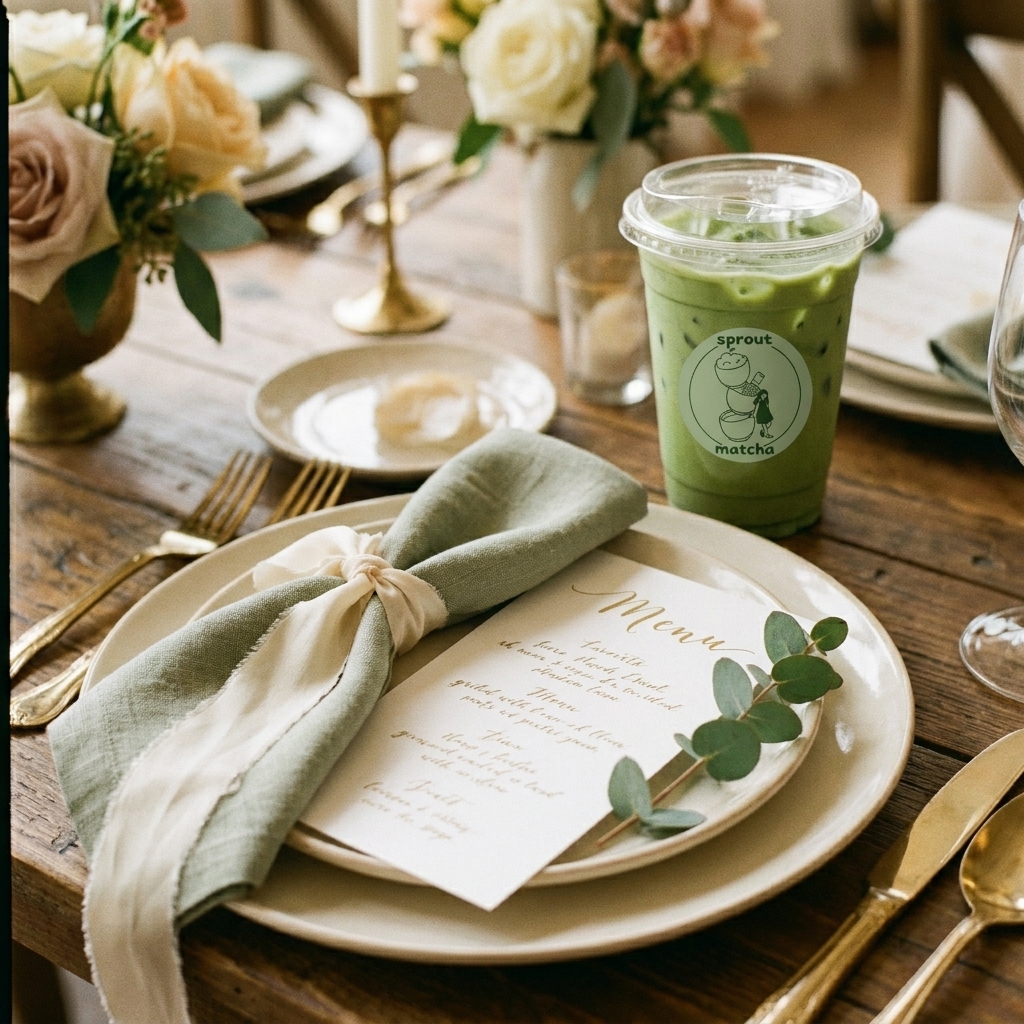 Sprout Matcha at an elegant place setting with a menu card